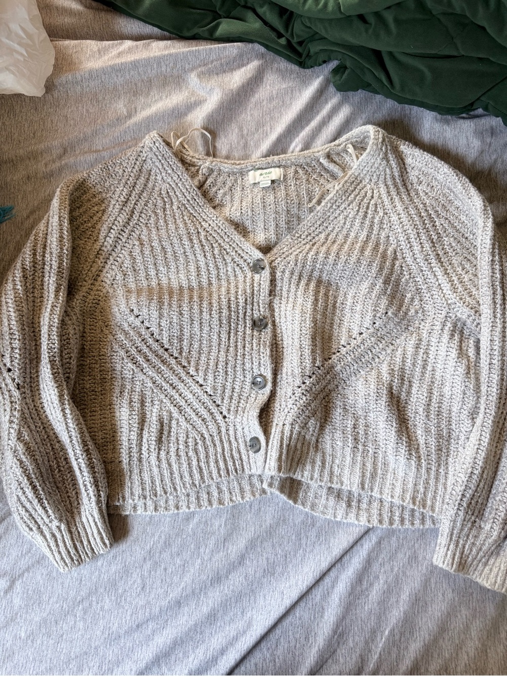 aerie Light Beige Ribbed V-Neck Button Cardigan